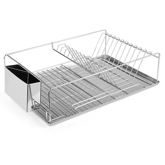 Chrome dish rack with cutlery holder on a white background