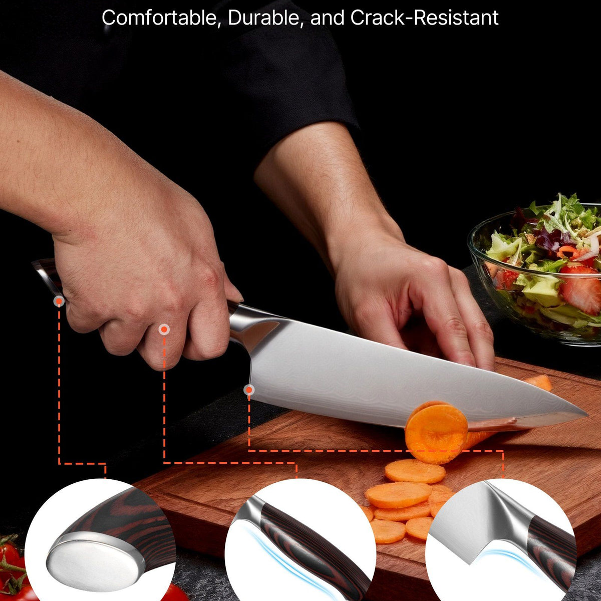 Person using a knife with an ergonomic handle on a cutting board, surrounded by vegetables.