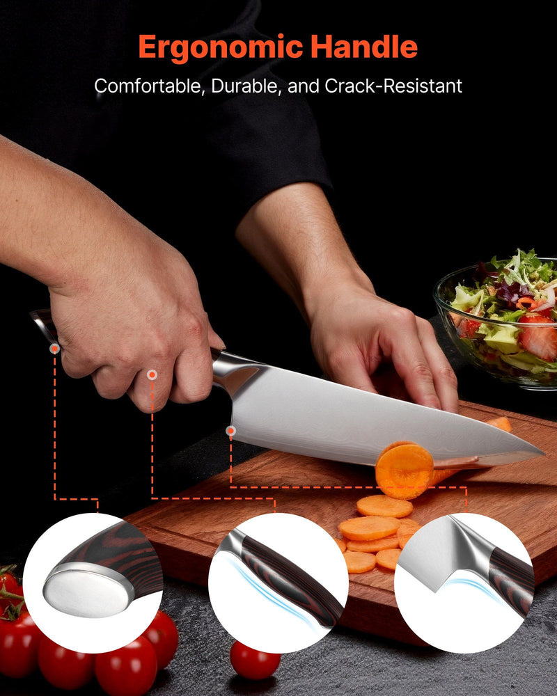 Person using a knife with an ergonomic handle on a cutting board, surrounded by vegetables.