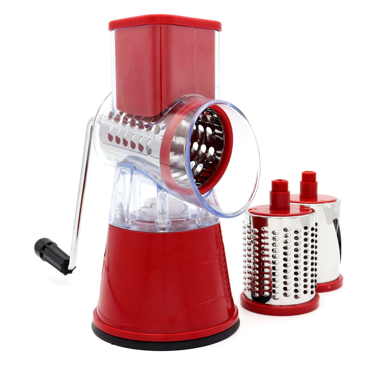 Red manual hand wind food grater and grater blades on white background