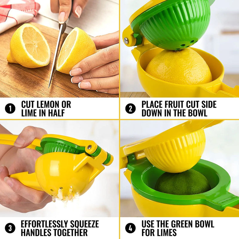 Instructions for using a green and yellow lemon squeezer on a wooden cutting board.