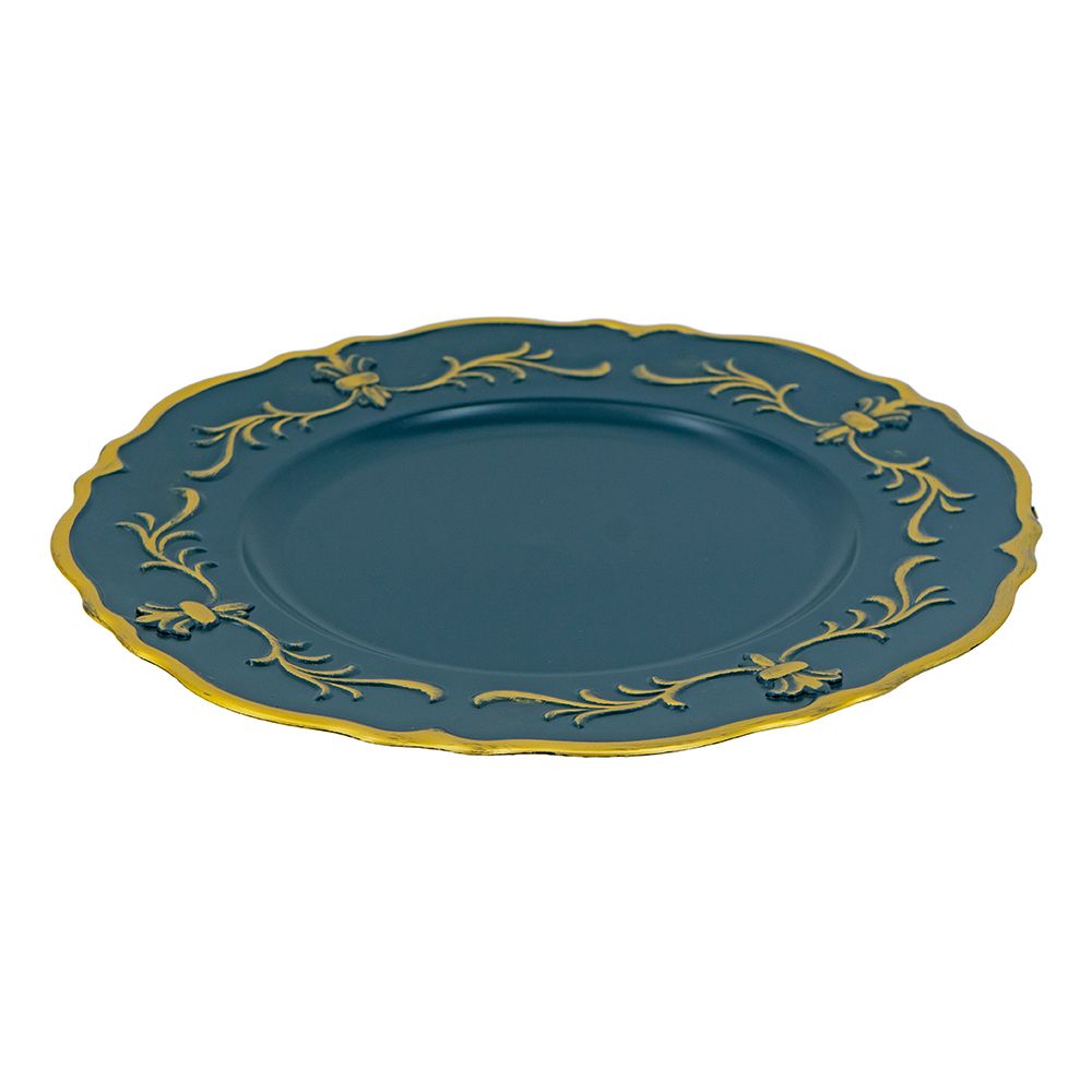 Blue plate with gold decorative edge on a white background