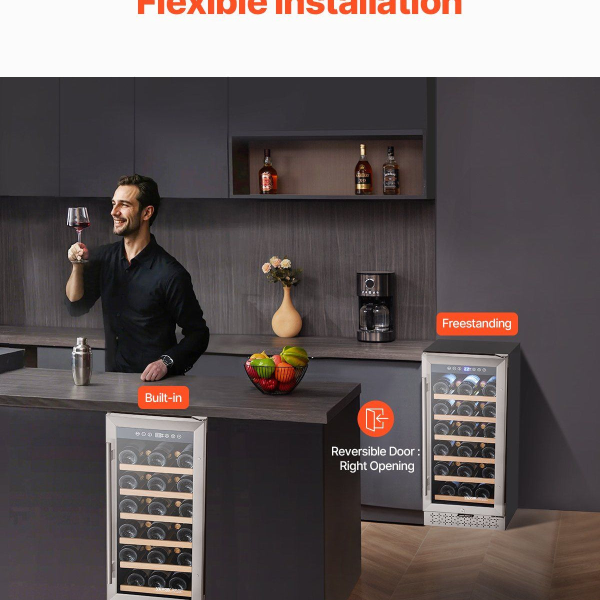 Person holding a glass of wine in a modern kitchen with wine coolers labeled 'Built-in', 'Freestanding', and 'Reversible Door'.