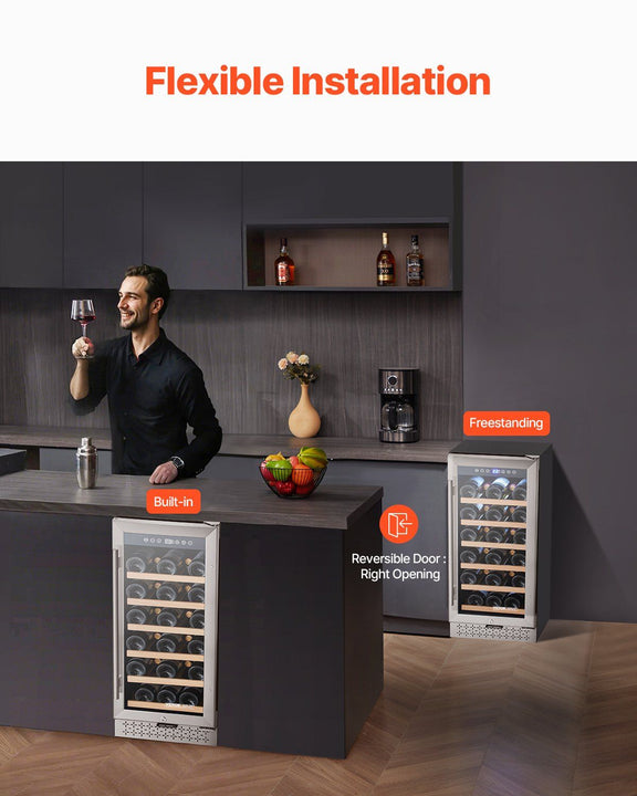 Person holding a glass of wine in a modern kitchen with wine coolers labeled 'Built-in', 'Freestanding', and 'Reversible Door'.