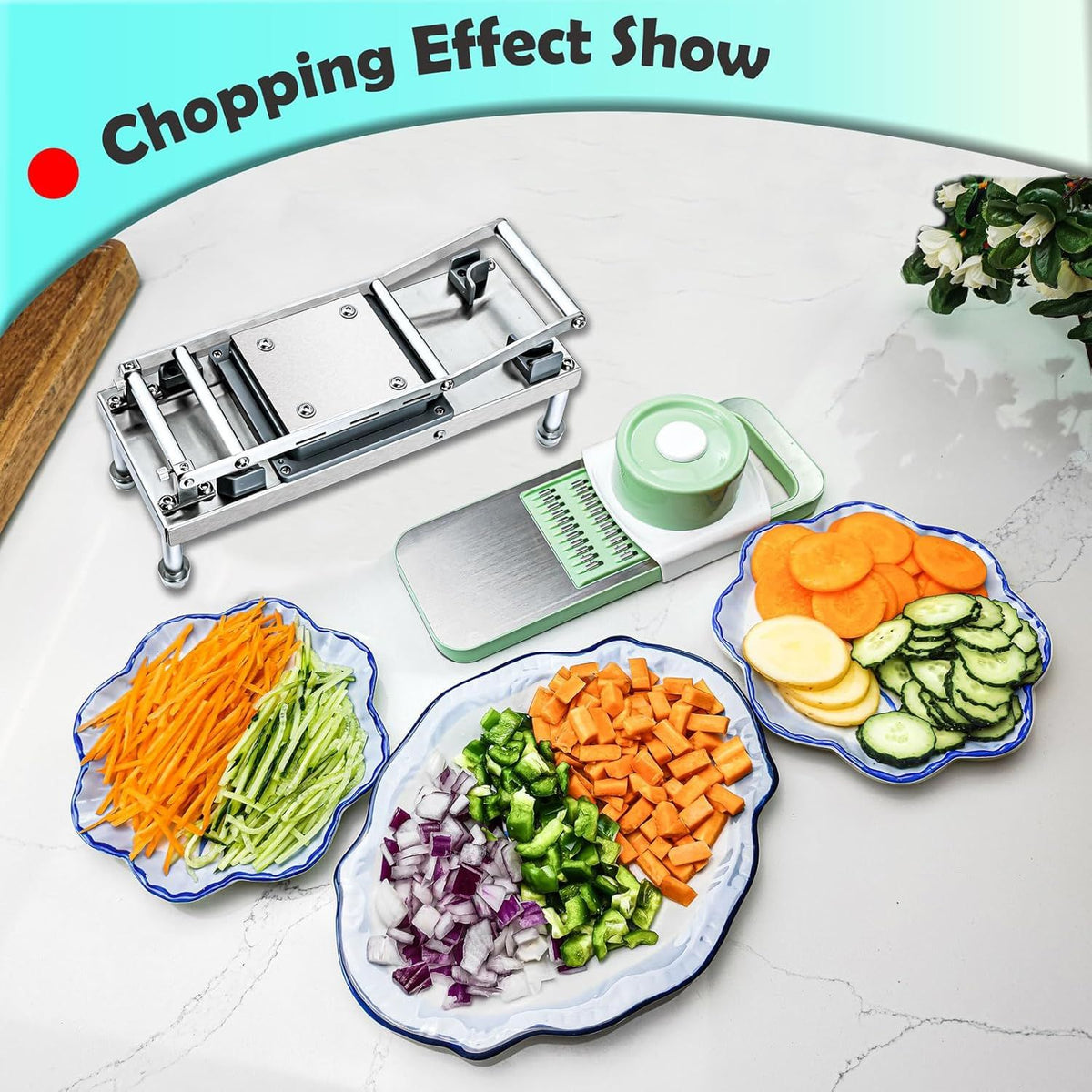 Multifunction chopper with images of chopped and sliced carrots, onions and cucumbers