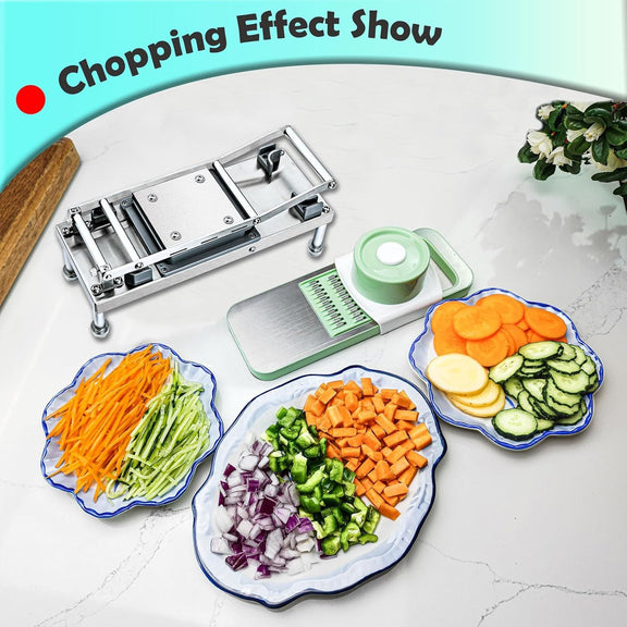 Multifunction chopper with images of chopped and sliced carrots, onions and cucumbers