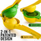 Yellow and green 2-in-1 citrus squeezer on a white background