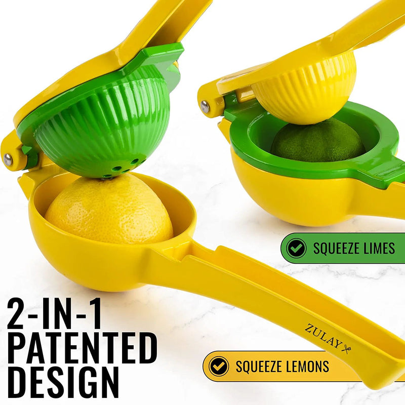 Yellow and green 2-in-1 citrus squeezer on a white background
