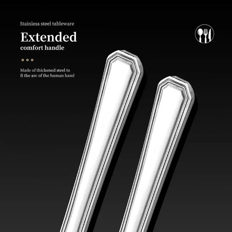 Two silver spoons with extended comfort handles on a black background, featuring text about stainless steel tableware.