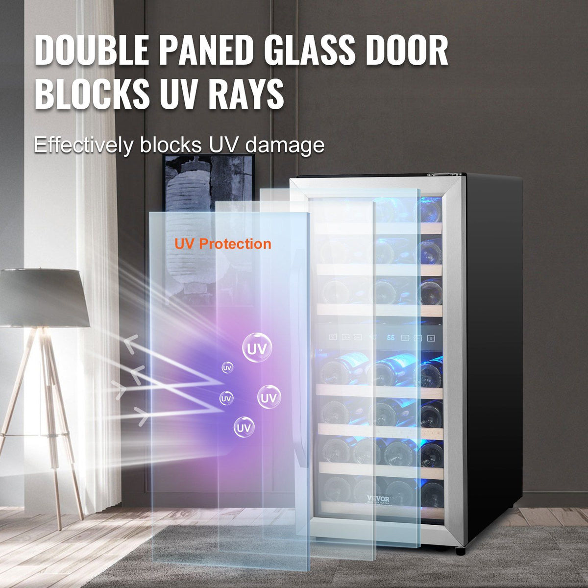 Wine cooler with double paneled glass door featuring UV protection technology.