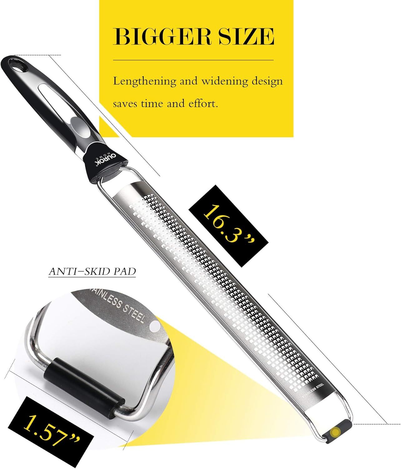 Closeup of multifunction zester on yellow and white background