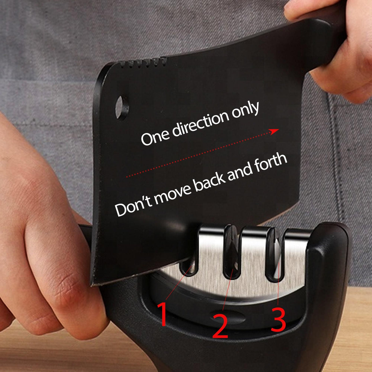Knife sharpener with instructions on a wooden surface