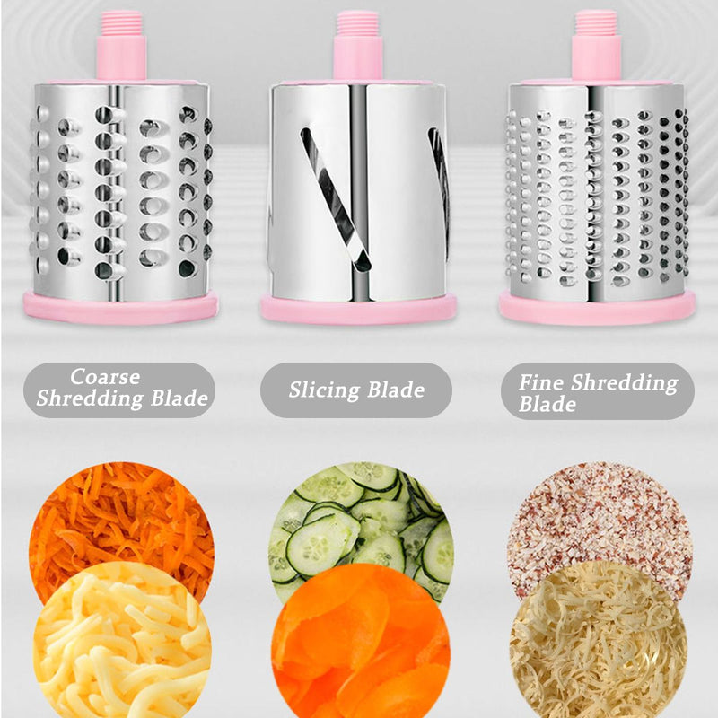 Three rotary cheese graters with different blades and sample food textures.