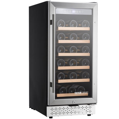 Wine cooler with glass door displaying wine bottles on a white background