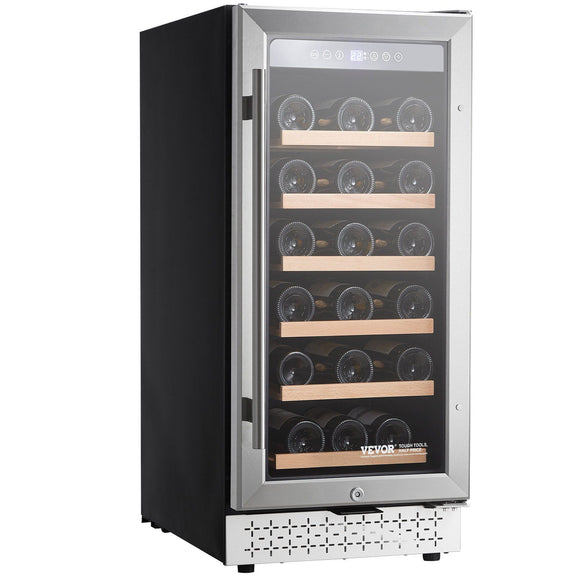 Wine cooler with glass door displaying wine bottles on a white background