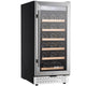 Wine cooler with glass door displaying wine bottles on a white background