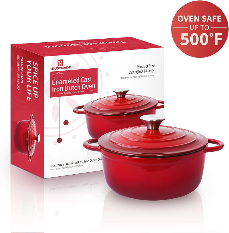 Red enameled cast iron Dutch oven with packaging and 'Oven Safe Up to 500°F' label.