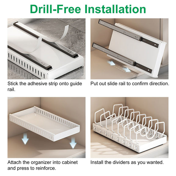 Step-by-step guide for installing a drill-free cabinet organizer with adhesive strip and slide rail.