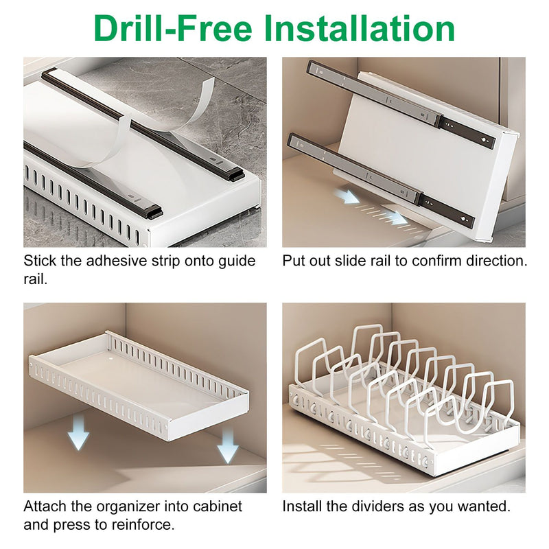 Step-by-step guide for installing a drill-free cabinet organizer with adhesive strip and slide rail.