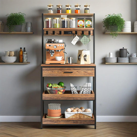 Kitchen storage shelf with appliances and items against a gray wall.