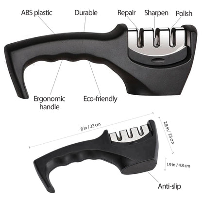 Knife sharpener with features labeled on a white background