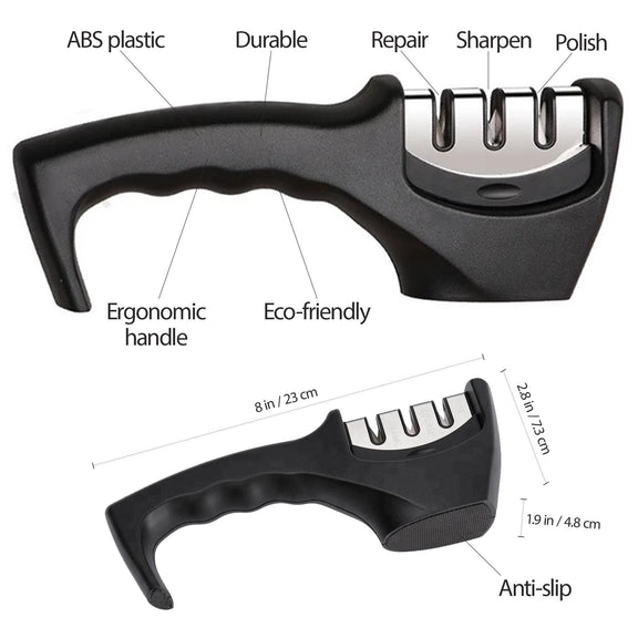 Knife sharpener with features labeled on a white background