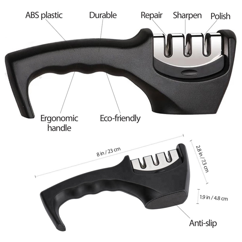 Knife sharpener with features labeled on a white background