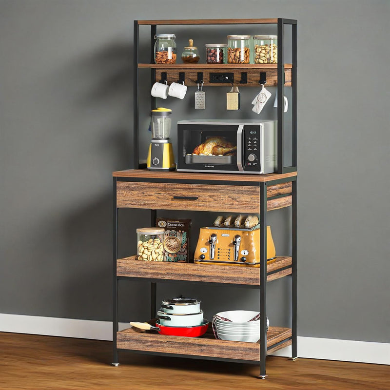 Wooden kitchen cart with microwave, blender, and other appliances against a gray wall.