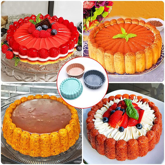 Collage of various decorated cakes with close-up of mold tools.
