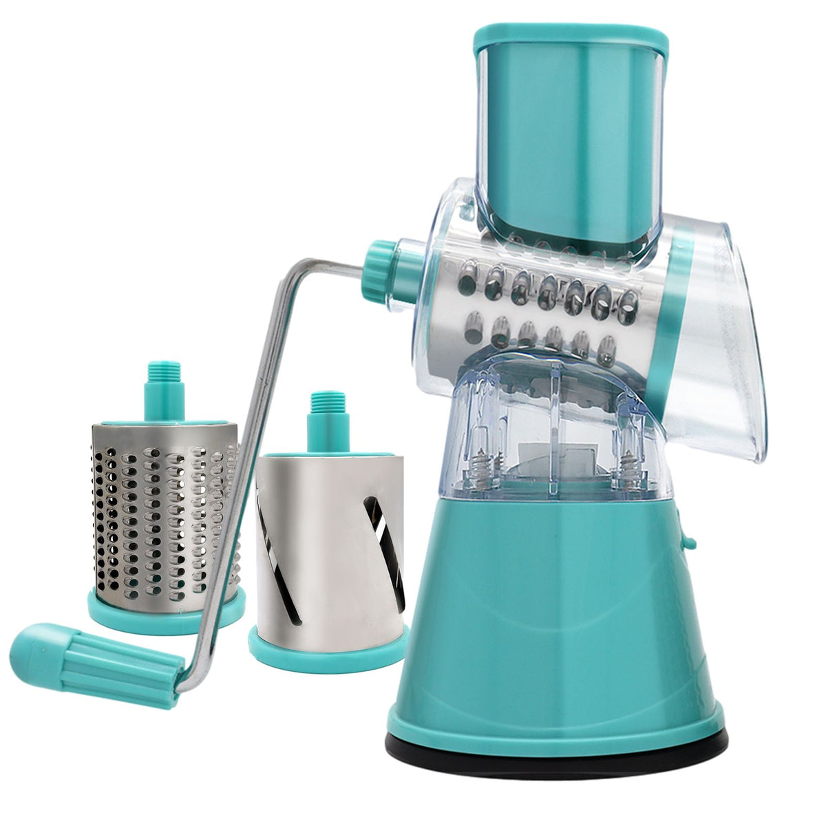 Turquoise manual rotary cheese grater with two additional attachments on a white background