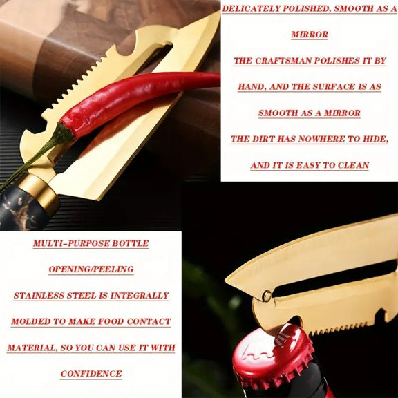 Gold knife with a red pepper and bottle cap, surrounded by text about the knife's features.