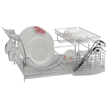 Dish rack with dishes on a white background