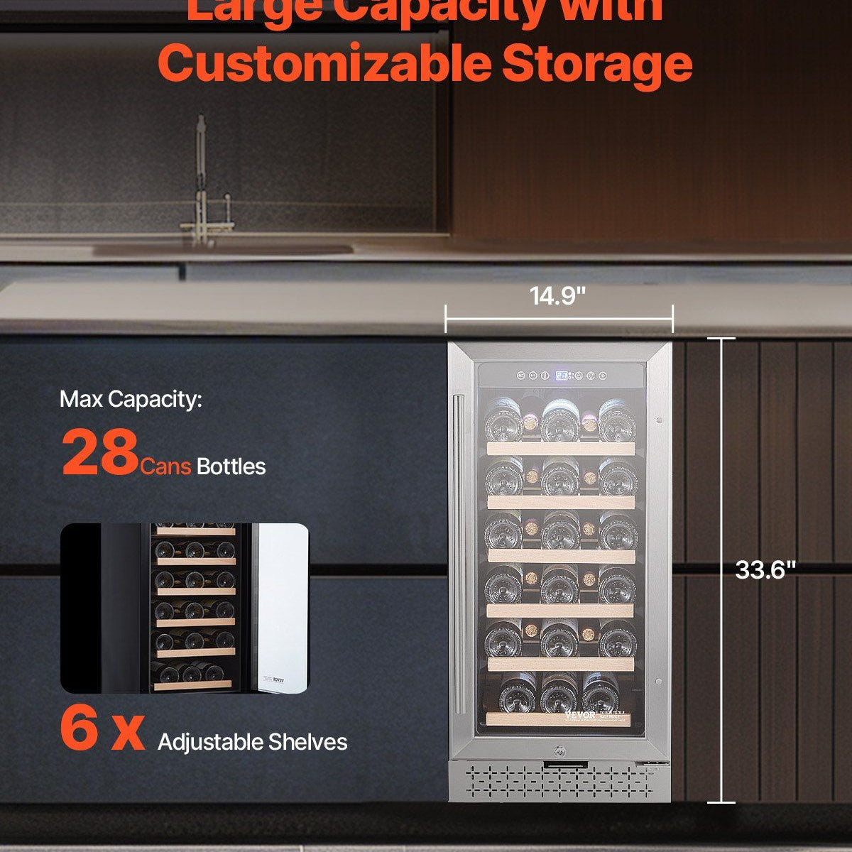 Wine cooler with customizable storage features and dimensions displayed.