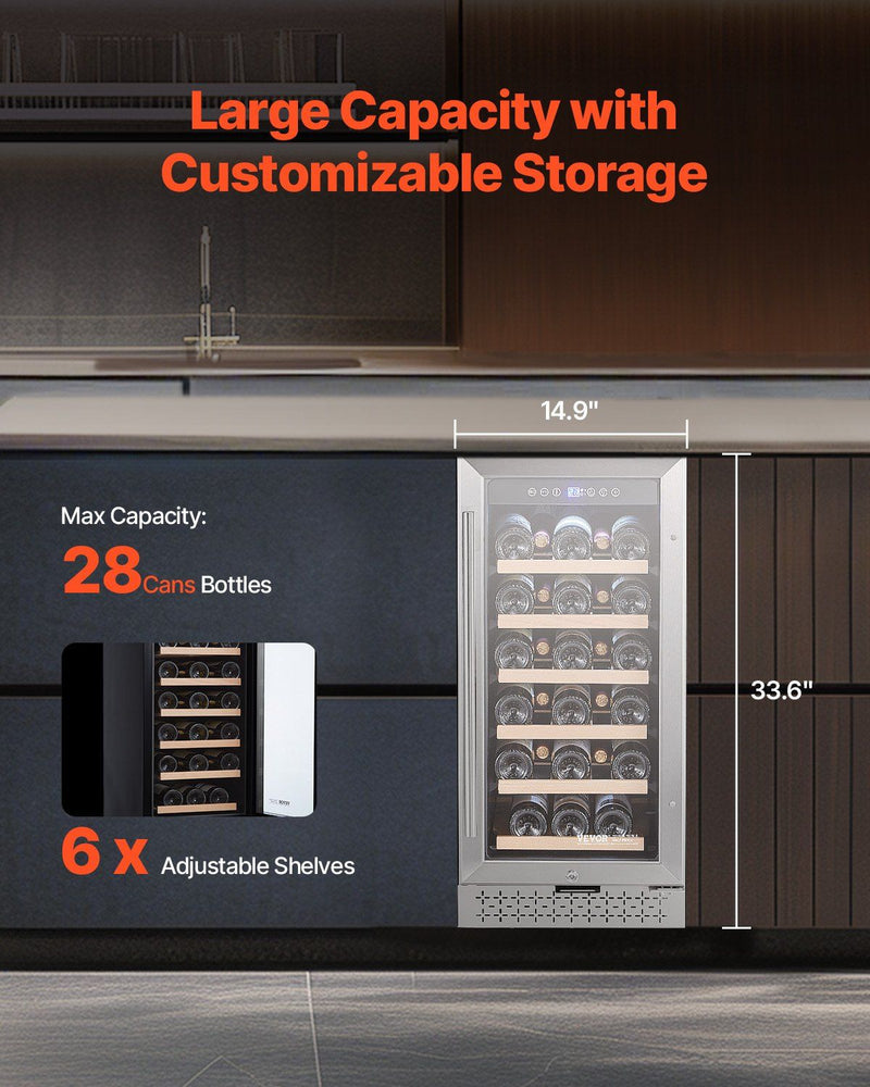 Wine cooler with customizable storage features and dimensions displayed.