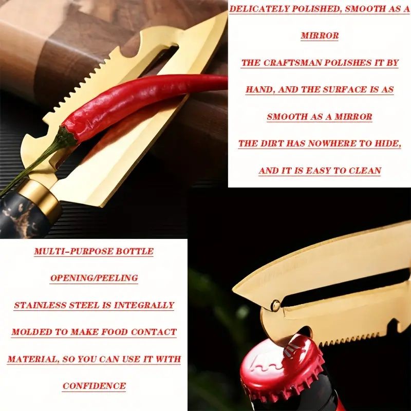 Gold knife with a red pepper and bottle cap, surrounded by text about the knife's features.