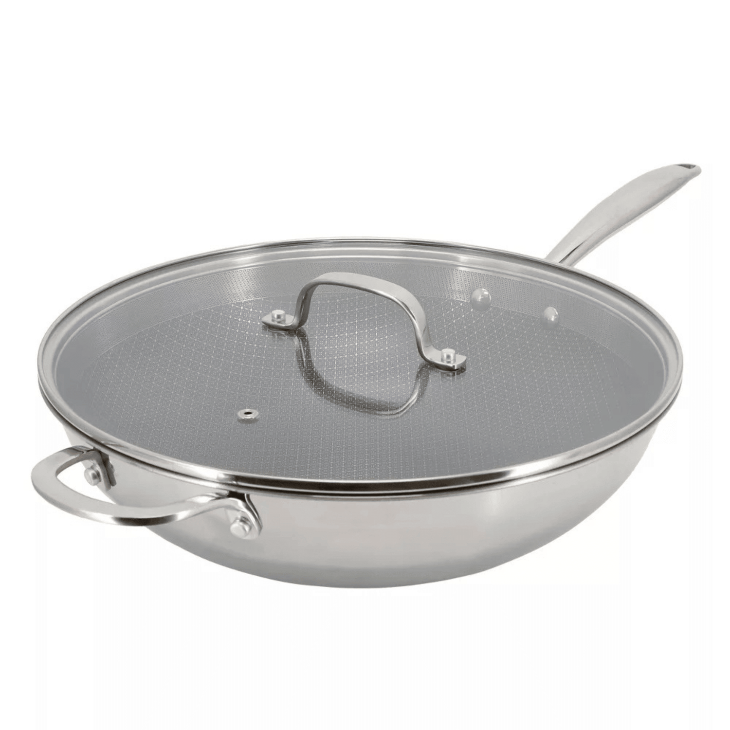 Stainless steel wok with lid on a white background