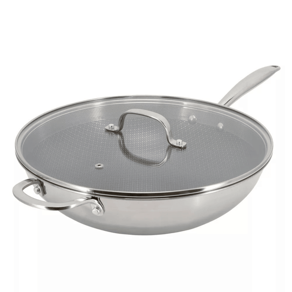 Stainless steel wok with lid on a white background