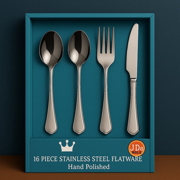 Set of silver cutlery including spoons, fork, and knife in a blue box with JDa Wolk branding.