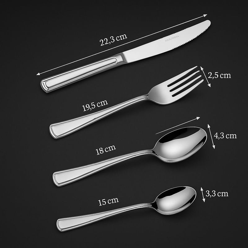 Set of silver cutlery with measurements on a black background