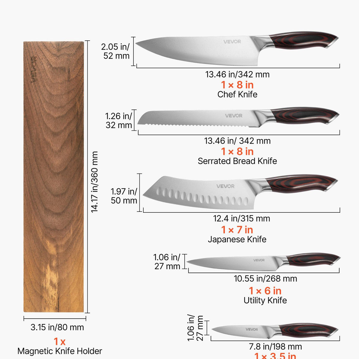 6-piece professional knife set with measurements on a white background