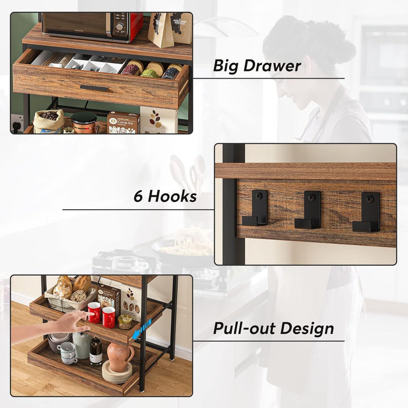 Wooden kitchen organizer with big drawer, hooks, and pull-out design on a white background.