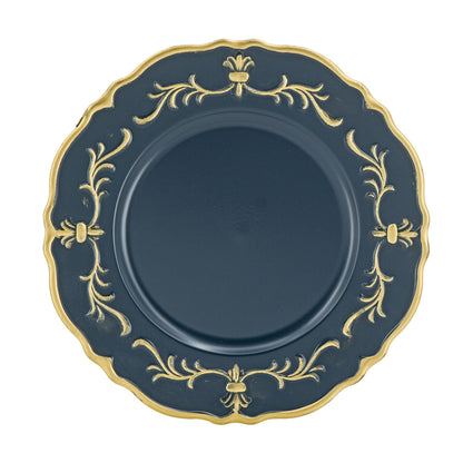 Decorative dark blue plate with gold intricate patterns on a white background