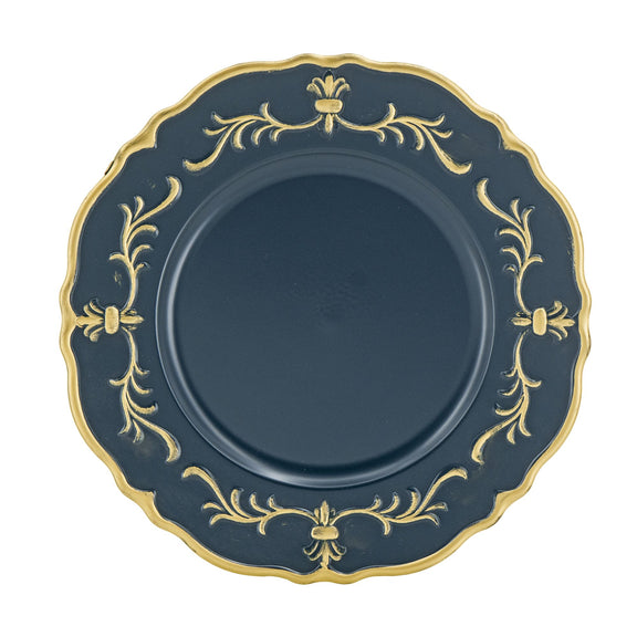 Decorative dark blue plate with gold intricate patterns on a white background