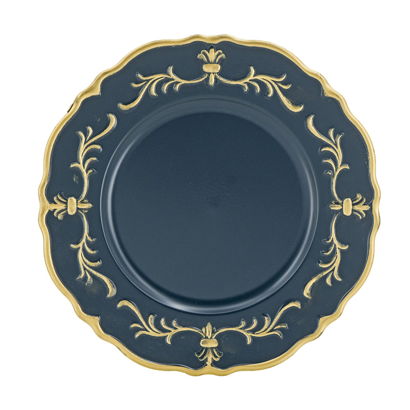 Decorative dark blue plate with gold intricate patterns on a white background