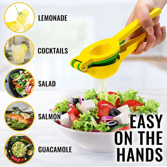 Yellow lemon squeezer being used on a salad with various food items and text labels in the background.