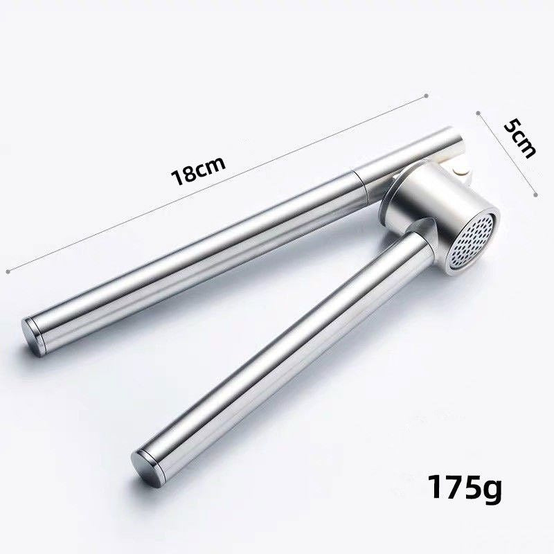 Stainless steel garlic press with dimensions and weight on a white background
