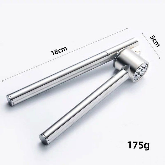 Stainless steel garlic press with dimensions and weight on a white background
