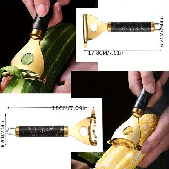 Gold vegetable peeler with black handle being used on a zucchini and corn, with measurements displayed.