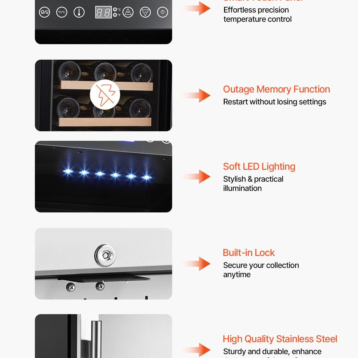 Wine cooler features with text highlighting smart touch panel, outage memory function, soft LED lighting, built-in lock, and high quality stainless steel.