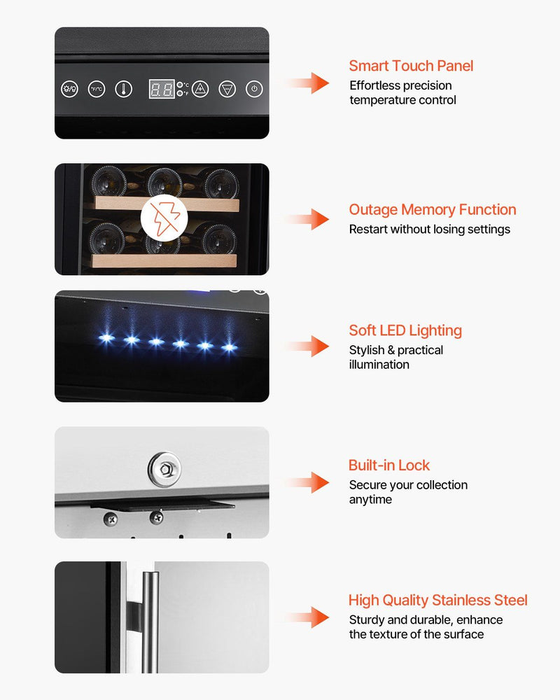 Wine cooler features with text highlighting smart touch panel, outage memory function, soft LED lighting, built-in lock, and high quality stainless steel.